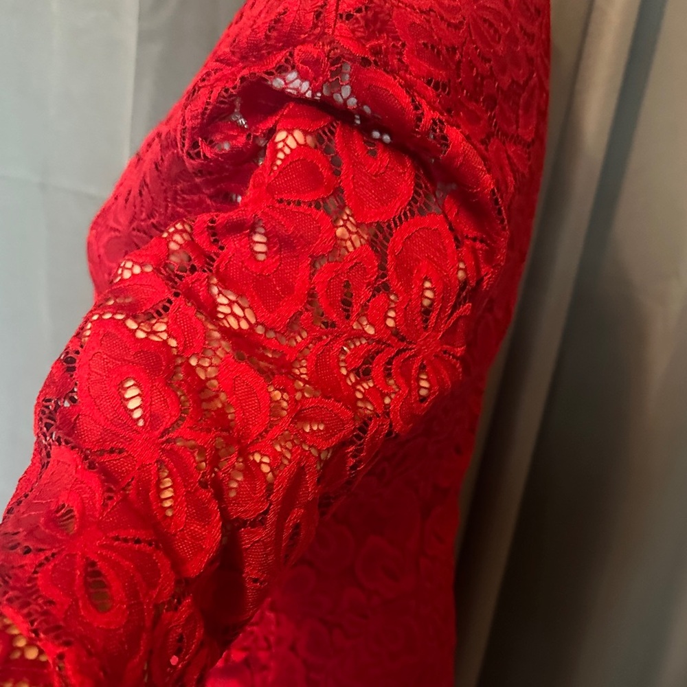 Cranberry Red Stretchy Lace Midi Dress - Picture 3 of 10